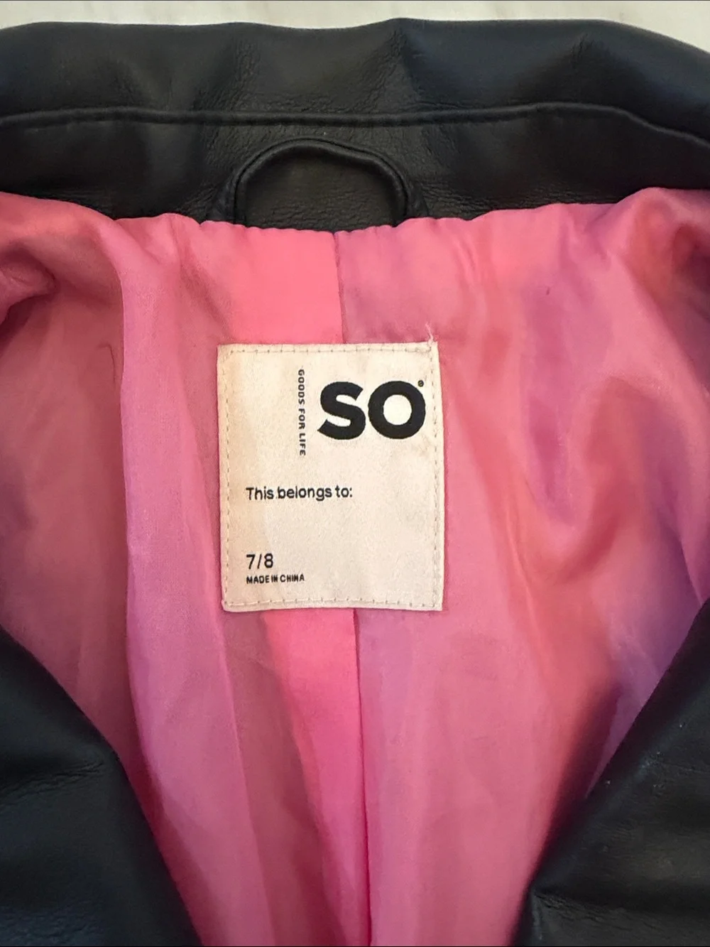 SO Black Faux Leather Biker Jacket with Pink Lining